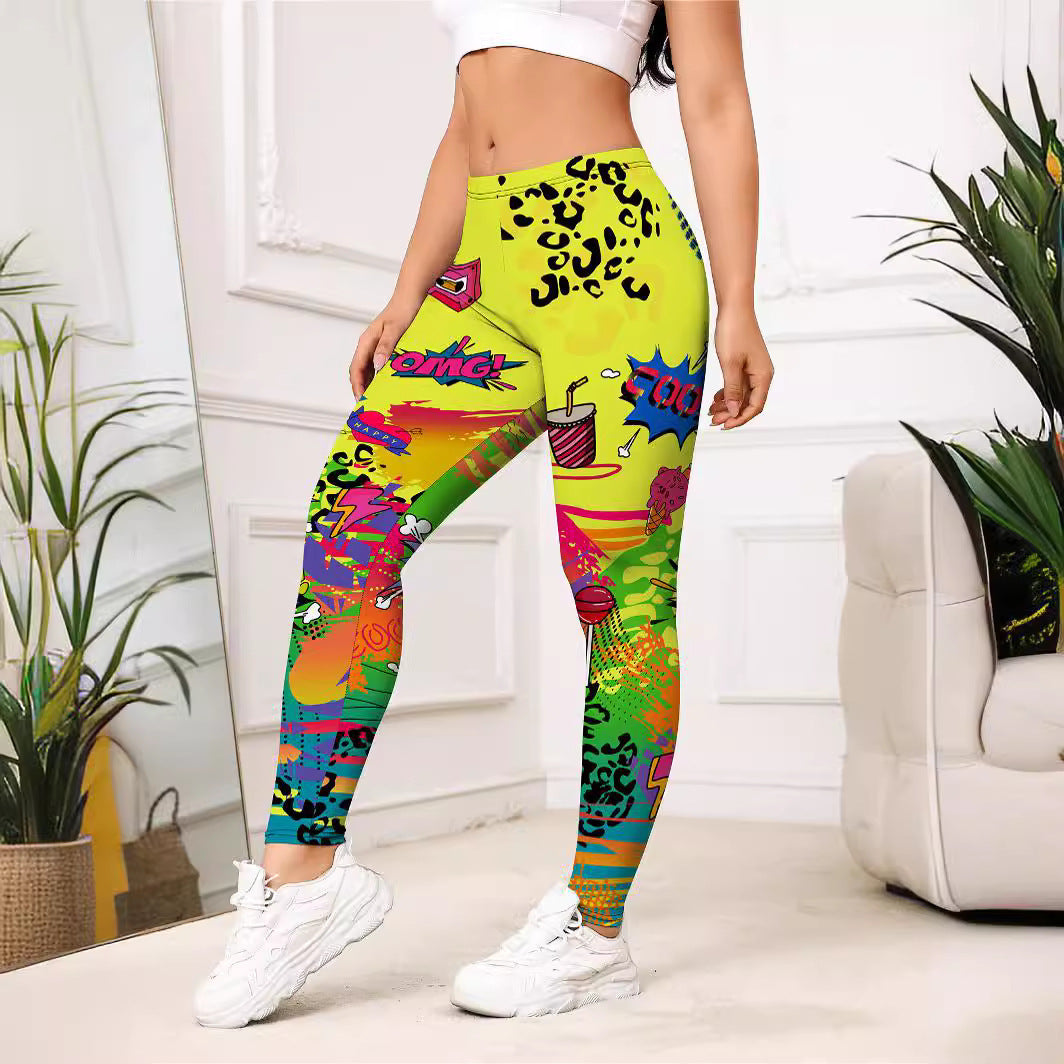 Yellow Cartoon Printed Sports Slim-fitting Leggings