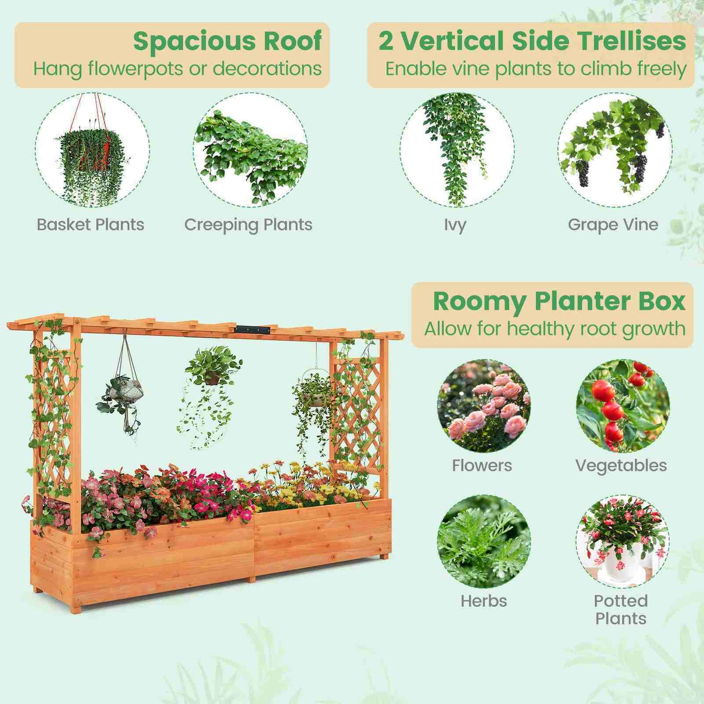 Double Flower Pot Frame with Arch Trellis and Hanging Roof, Raised Garden Bed for Climbing Plants, Patio Backyard Container, Orange Fir Wood