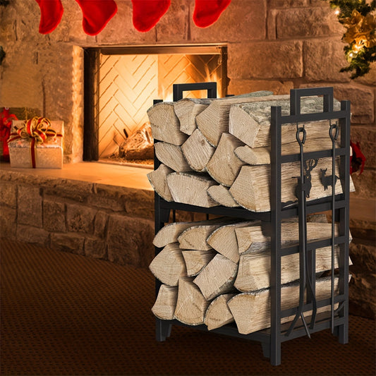 Heavy Duty 2 Tiers Metal Firewood Rack Fireplace Wood Log Storage Stacking Holder With 4 Tools Set For Indoor Backyard