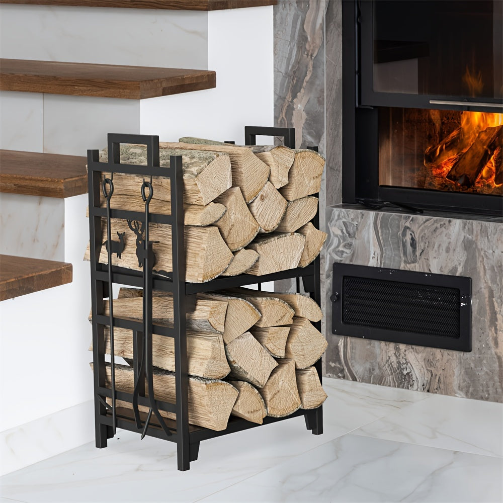 Heavy Duty 2 Tiers Metal Firewood Rack Fireplace Wood Log Storage Stacking Holder With 4 Tools Set For Indoor Backyard