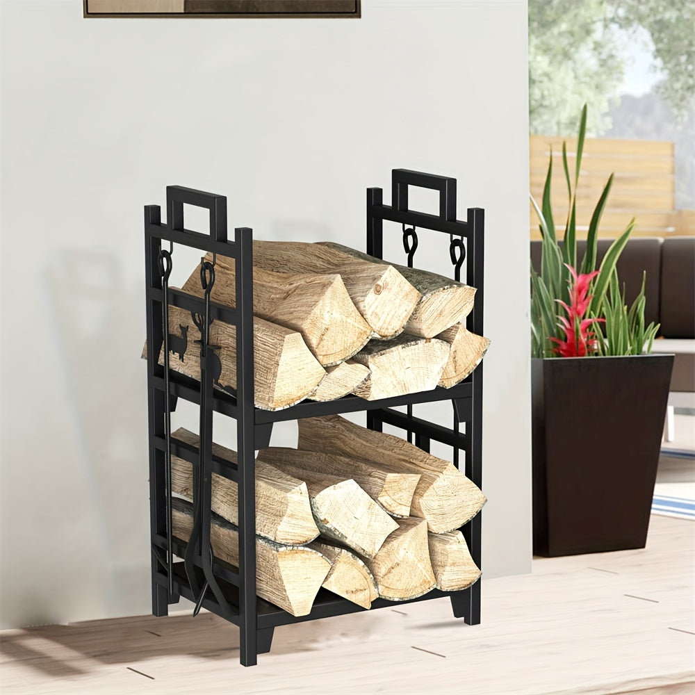 Heavy Duty 2 Tiers Metal Firewood Rack Fireplace Wood Log Storage Stacking Holder With 4 Tools Set For Indoor Backyard