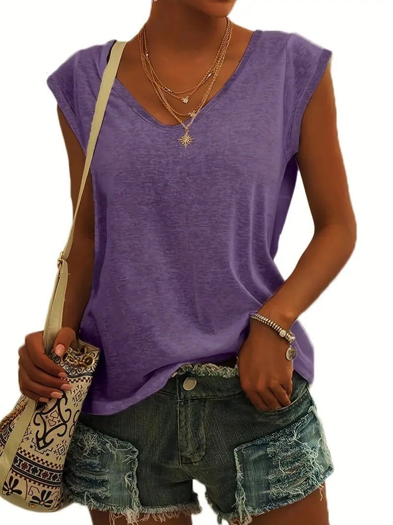 Women's Fashion Casual Solid Color And V-neck Short Sleeve