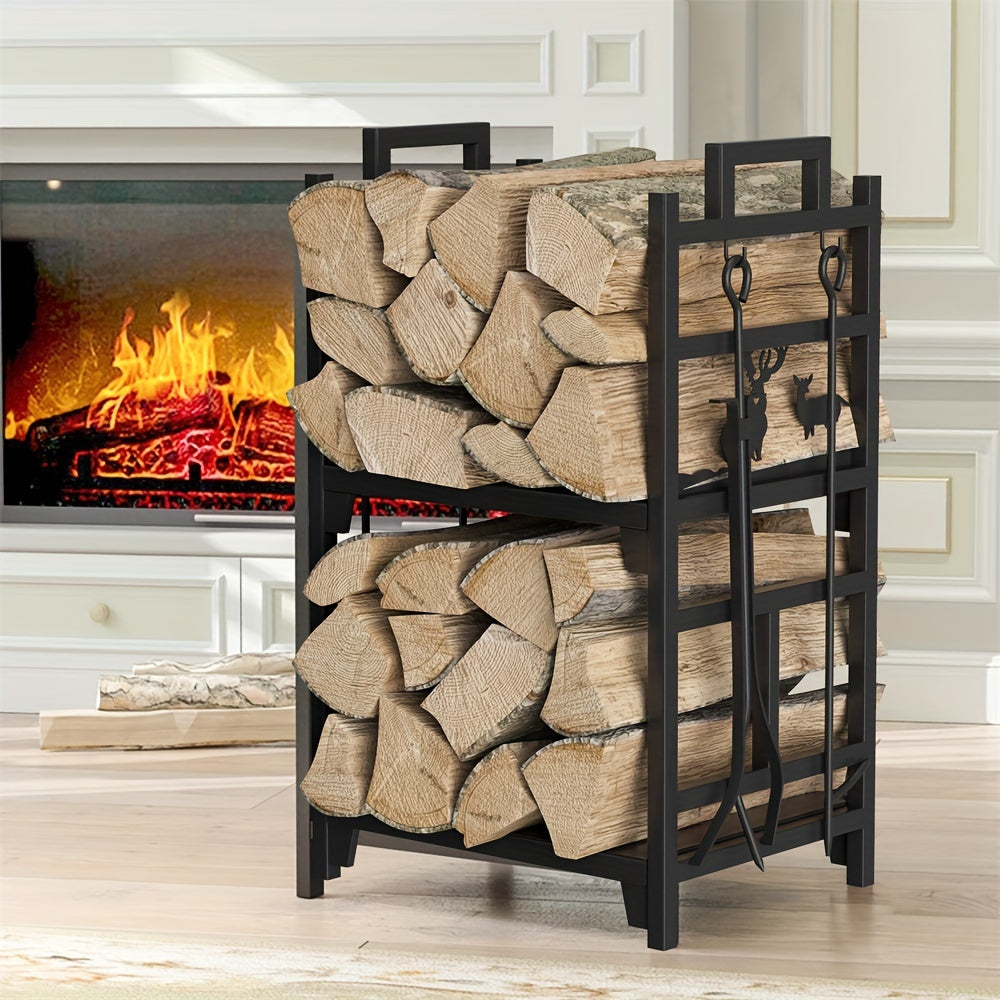 Heavy Duty 2 Tiers Metal Firewood Rack Fireplace Wood Log Storage Stacking Holder With 4 Tools Set For Indoor Backyard