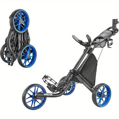 EZ V8 3-Wheel Golf Push Cart - Lightweight, Foldable Design with Foot Brake, Easy Open & Close, Strong Aluminum Frame, Maintenance-Free EVA Wheels, Black with Blue Accents