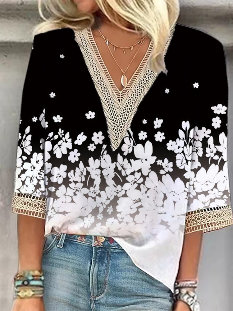 Women's Loose New Multi-Colour Floral Print Stitching Lace Mid-sleeve V-neck T-shirt