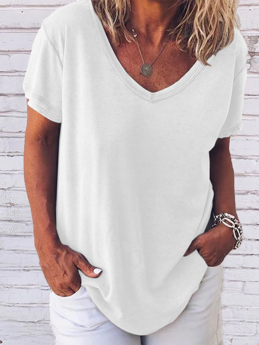 Cross Border Large V-neck Printed T-shirt Popular Foreign Trade Loose Leisure All-matching Short Sleeve