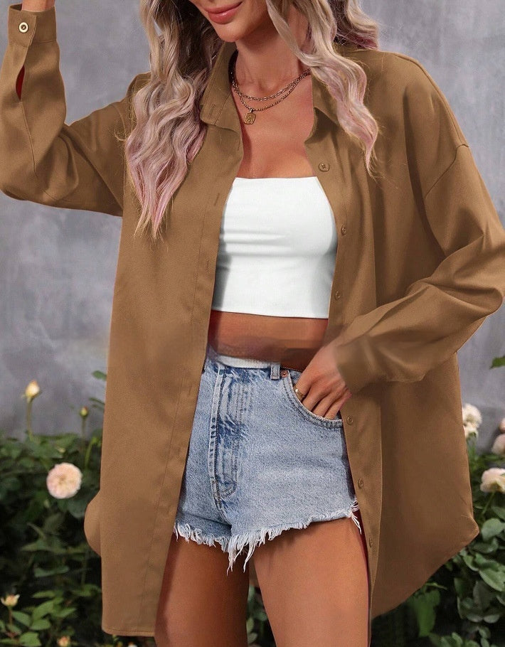 Fashion Loose Candy Colour Long Sleeve Shirt Top