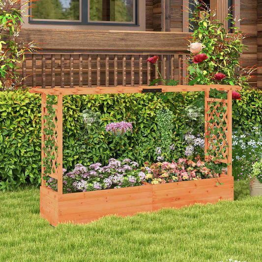 Double Flower Pot Frame with Arch Trellis and Hanging Roof, Raised Garden Bed for Climbing Plants, Patio Backyard Container, Orange Fir Wood