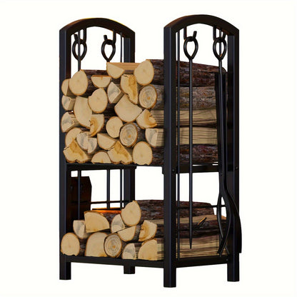 Deluxe Metal Firewood Rack with 4-Tool Set - Indoor/Outdoor Log Holder, Powder-Coated Finish, Perfect for Wood Stove & Fireplace Accessories