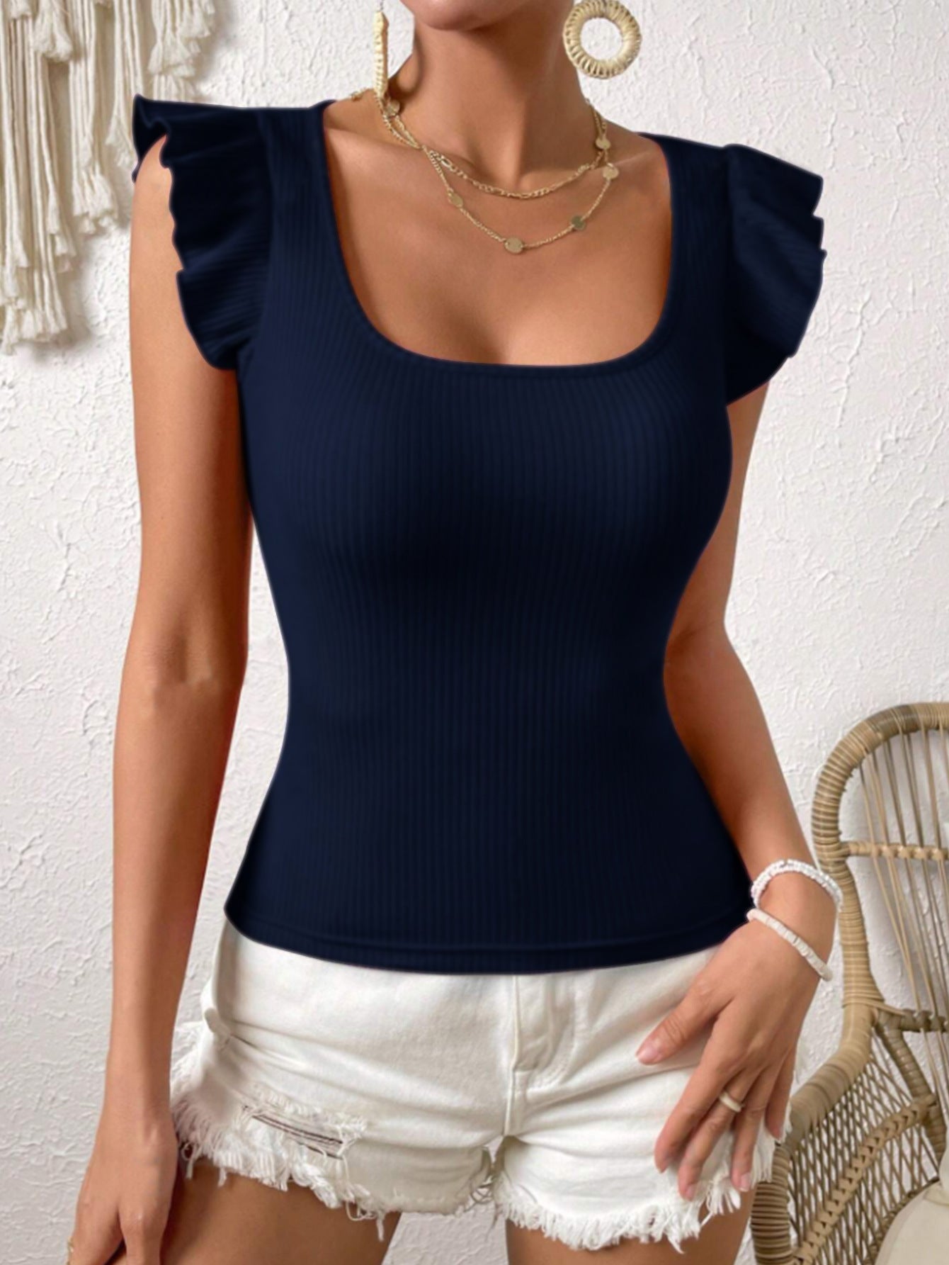 Square Neck Slim Fit T-shirt Knitted For Slimming Effect