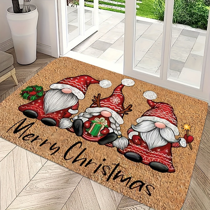 Christmas Gnome Door Mat - Stain-Resistant, Easy Clean Polyester Rug for Indoor/Outdoor Entrance Decor, Low Pile, Machine Washable