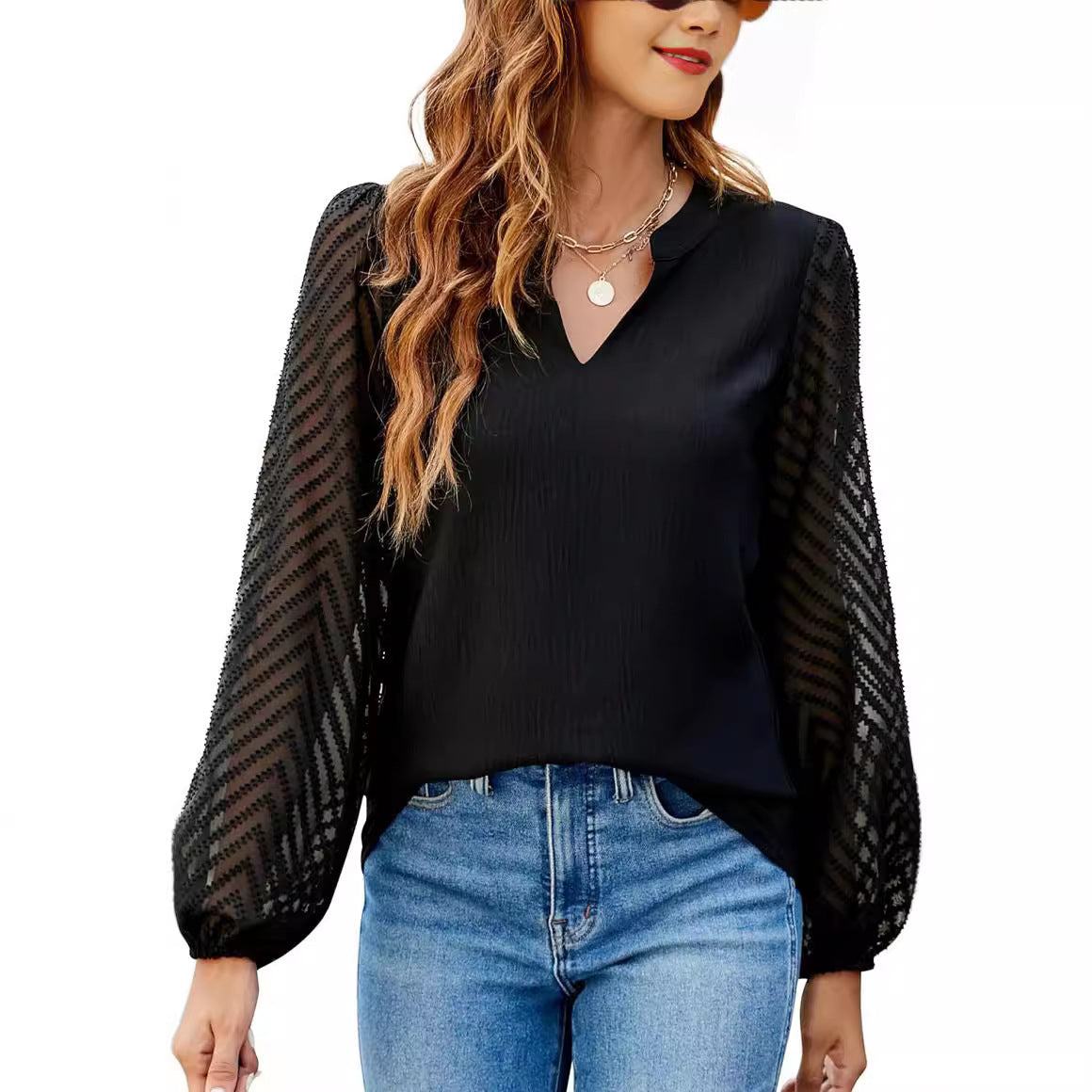 Women's V-neck Lace Stitching Chiffon Shirt