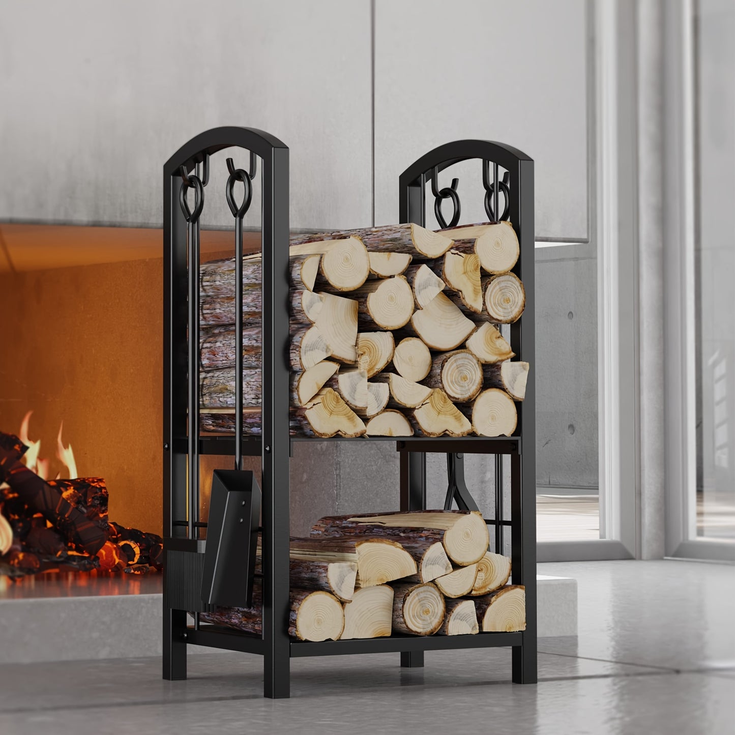 Deluxe Metal Firewood Rack with 4-Tool Set - Indoor/Outdoor Log Holder, Powder-Coated Finish, Perfect for Wood Stove & Fireplace Accessories