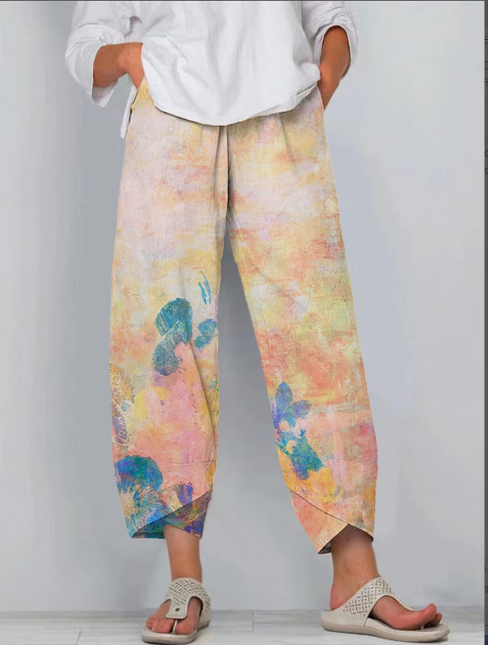 Printed Loose Casual Elastic Waist Straight-leg Pants