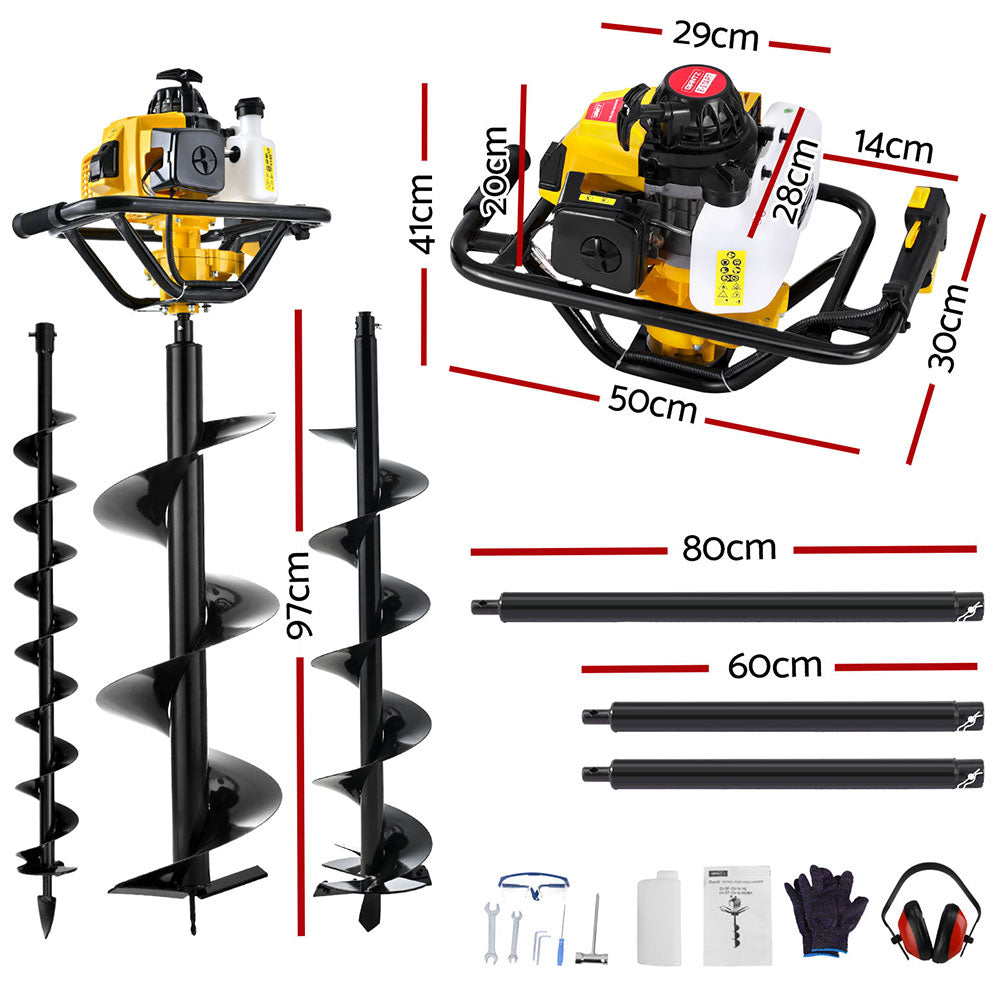 Garden drill with attachments and measurements on a white background