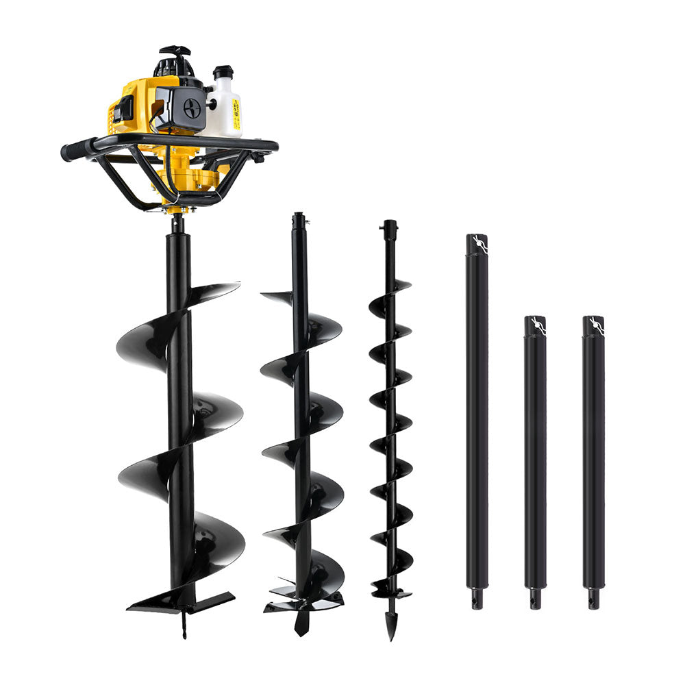 Earth auger drill with various drill bits on a white background