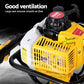 Yellow and black lawn mower with text about good ventilation and smooth air flow.