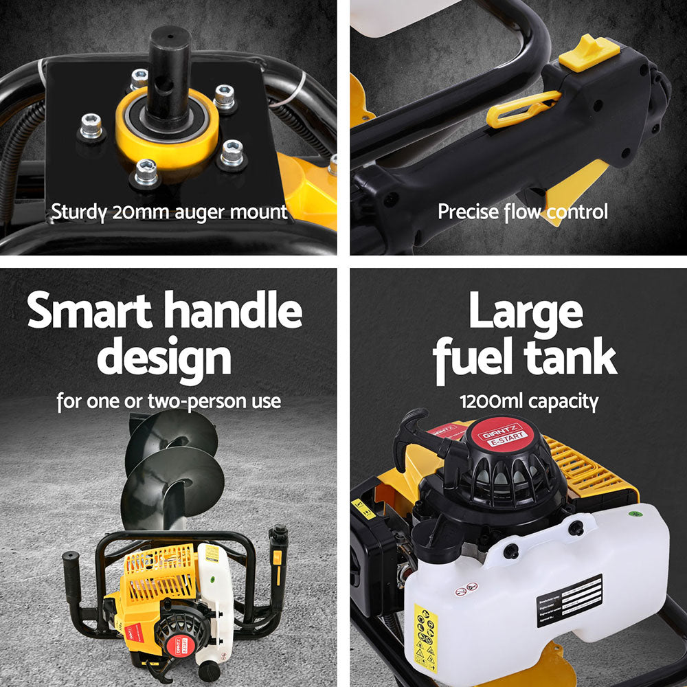 Four quadrants showing features of a power tool with text labels.