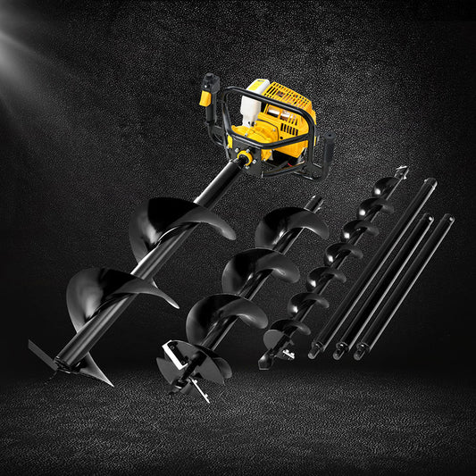 Yellow and black chainsaw with drill bits on a dark background