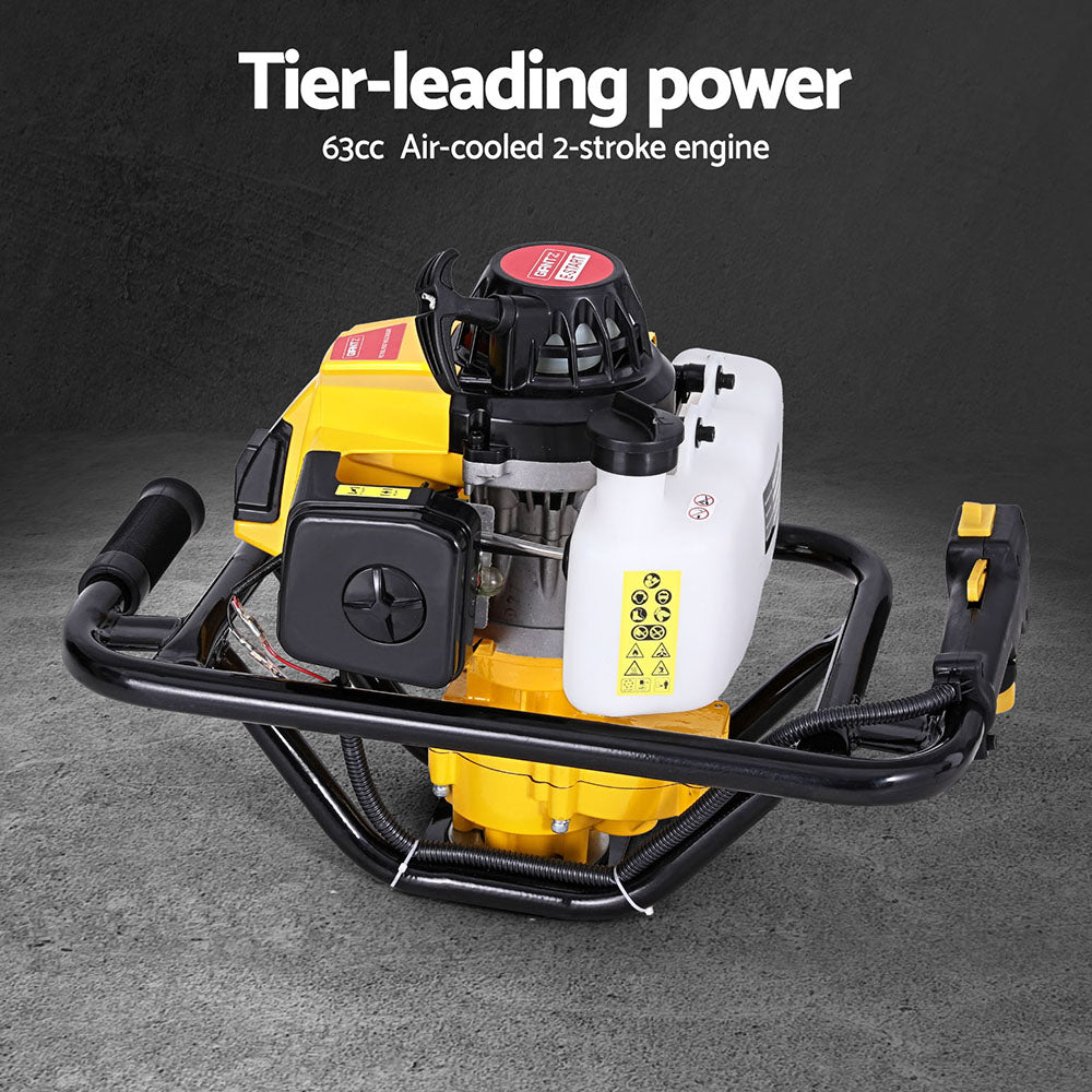 63cc air-cooled 2-stroke engine with tier-leading power text on a dark background
