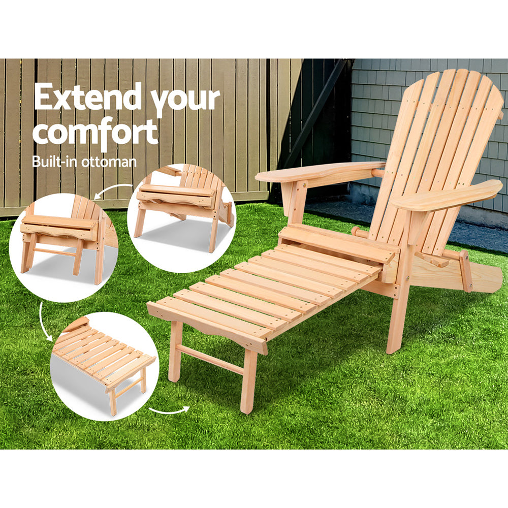 Adirondack Outdoor Chair and Ottoman Set – Natural Wooden Lounge