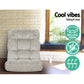 Gray recliner chair in a room with a stone wall and window, featuring 'Cool vibes' text and icons.