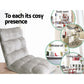 Gray cushioned chair with text 'To each its cozy presence' and images of a study room, office, window sill, and living room.