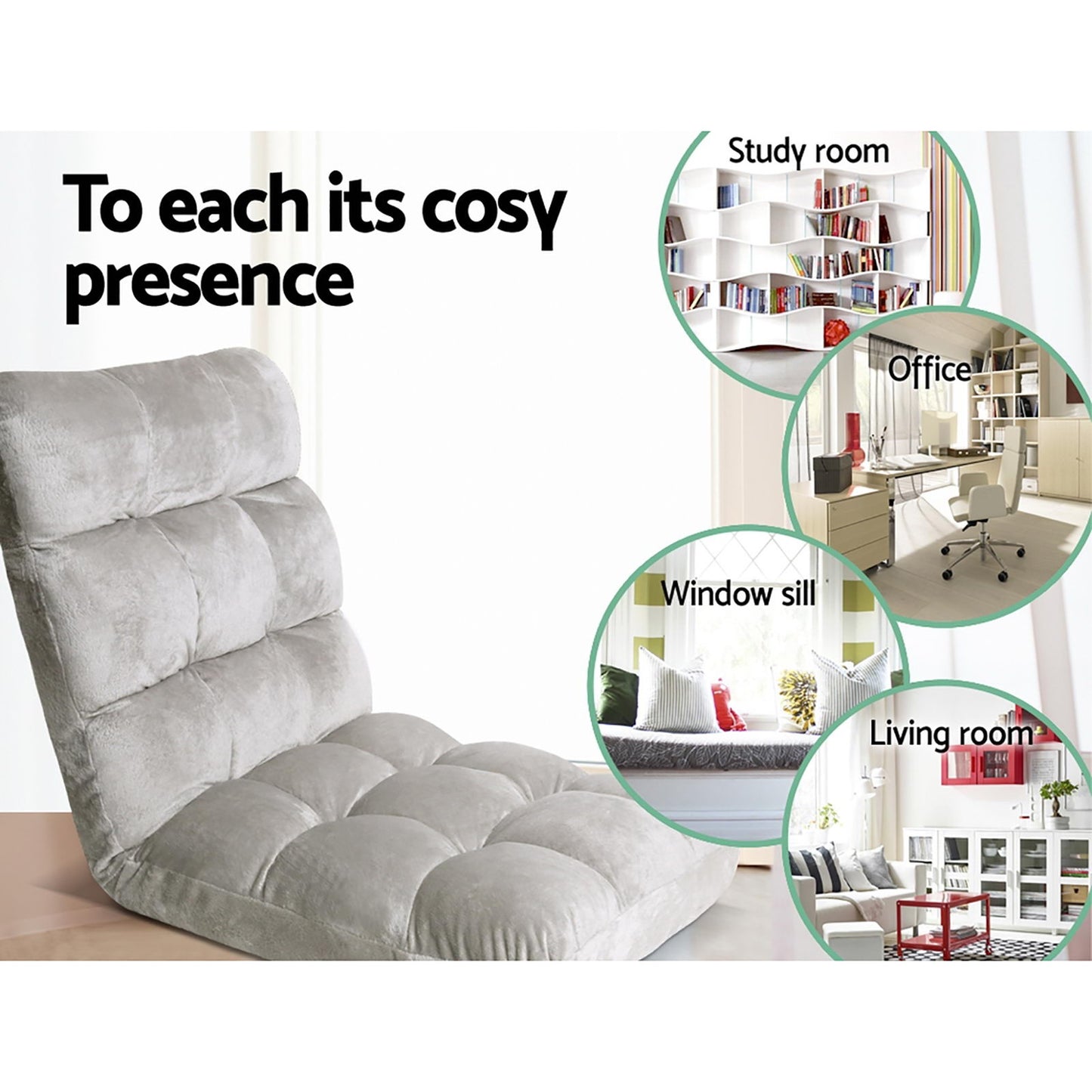 Gray cushioned chair with text 'To each its cozy presence' and images of a study room, office, window sill, and living room.