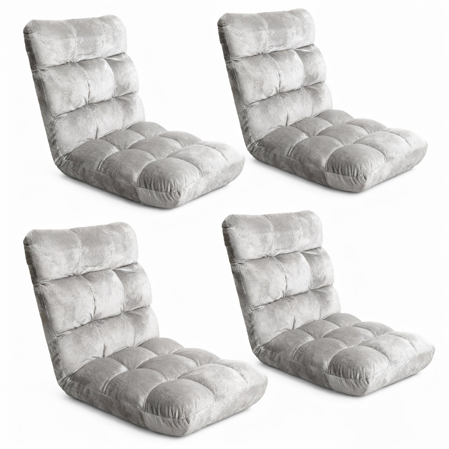 Four gray cushioned floor chairs on a white background