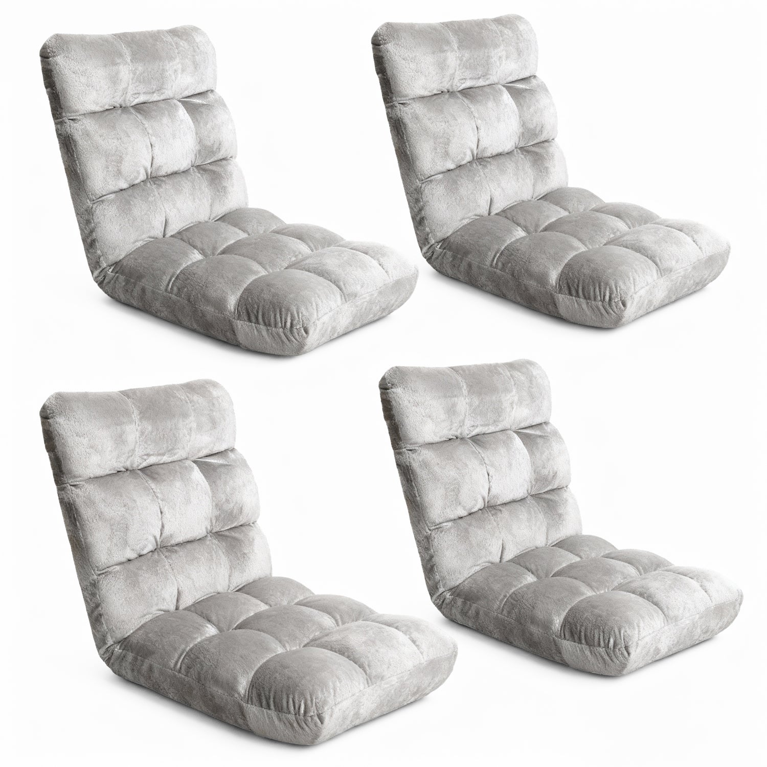 Four gray cushioned floor chairs on a white background