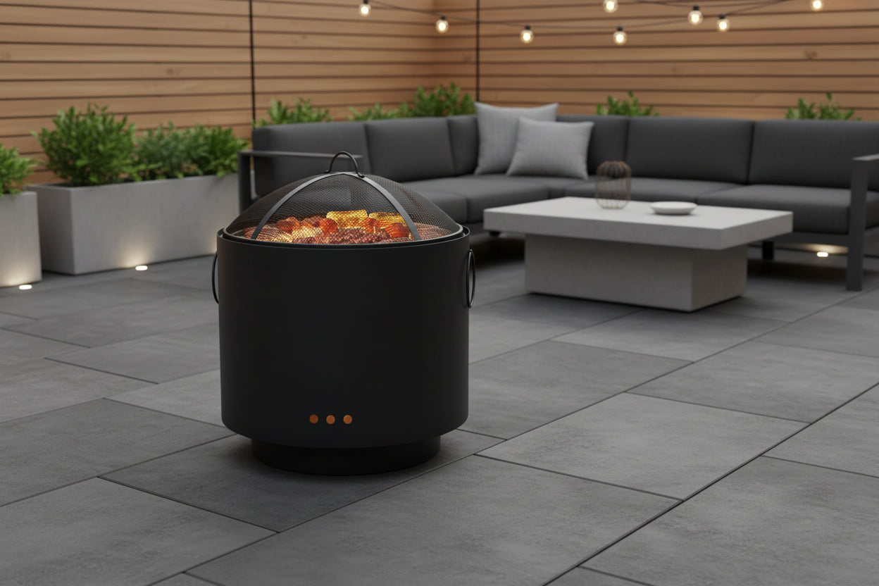 Black metal fire pit with mesh screen on a white background