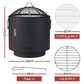 Black metal fire pit with dimensions and accessories on a white background
