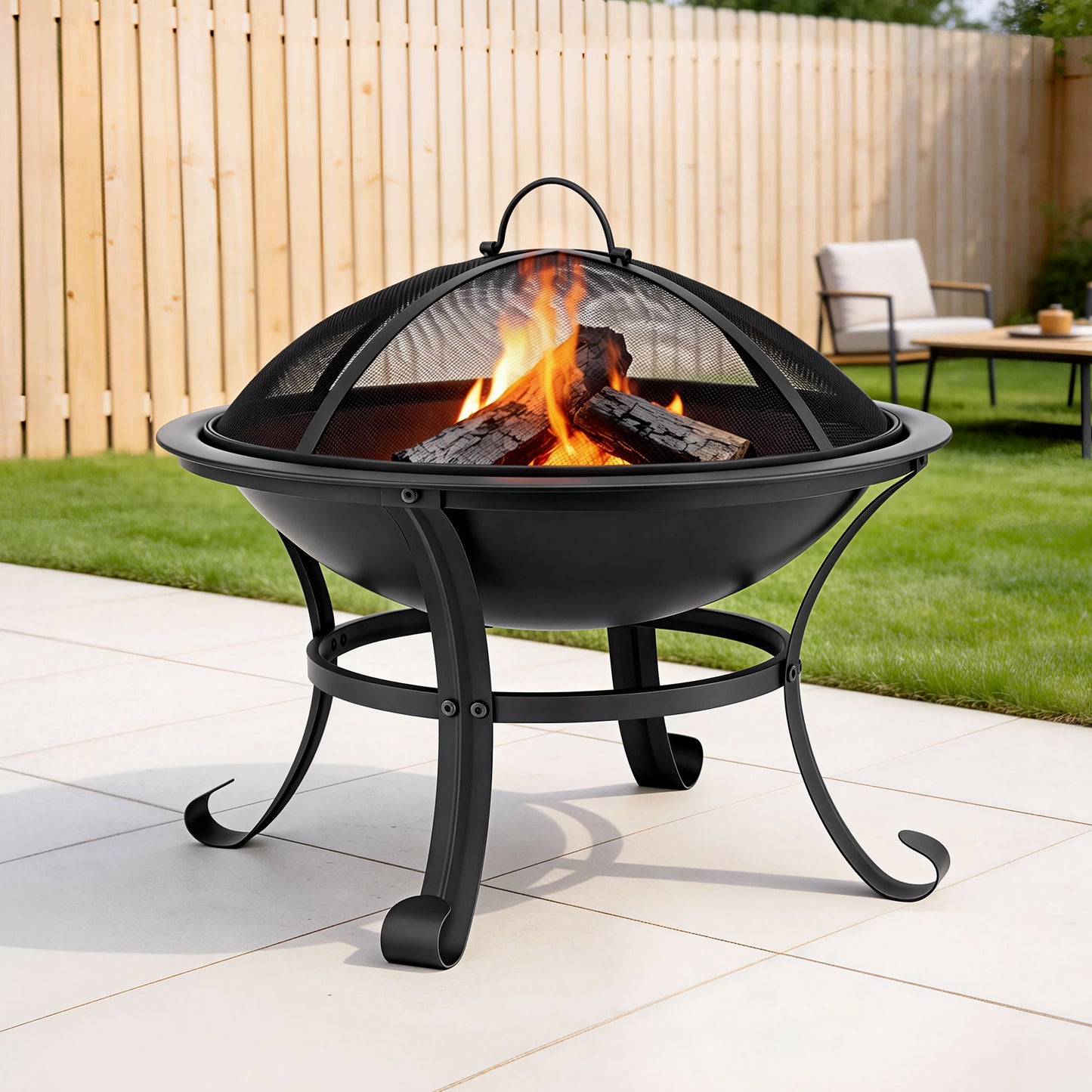 Black metal fire pit with flames on a patio