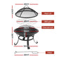 Measurement chart of a fire pit with mesh lid, BBQ grill, charcoal rack, and poker on a white background.