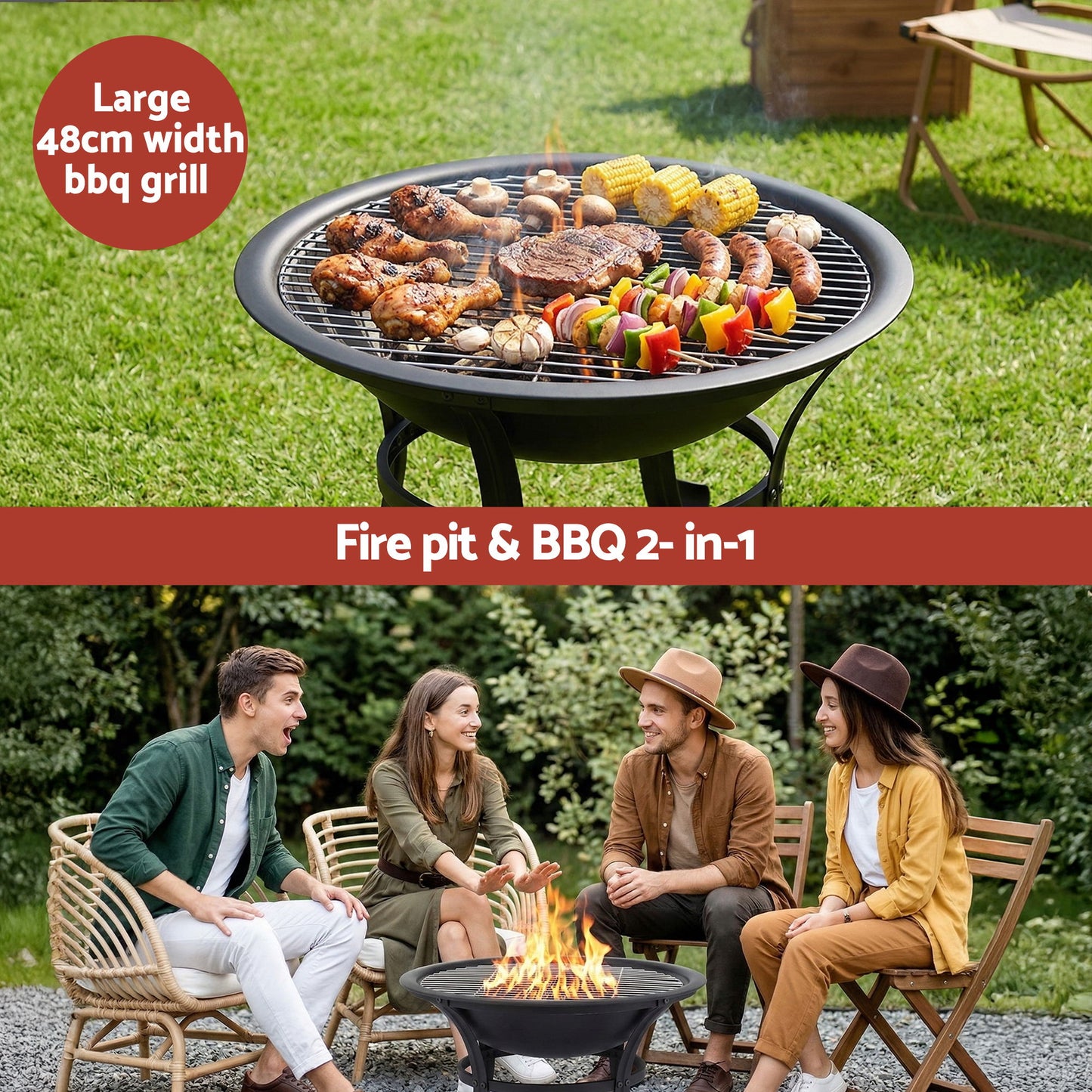 Large 48cm width BBQ grill with food being cooked, surrounded by people sitting around a fire pit.