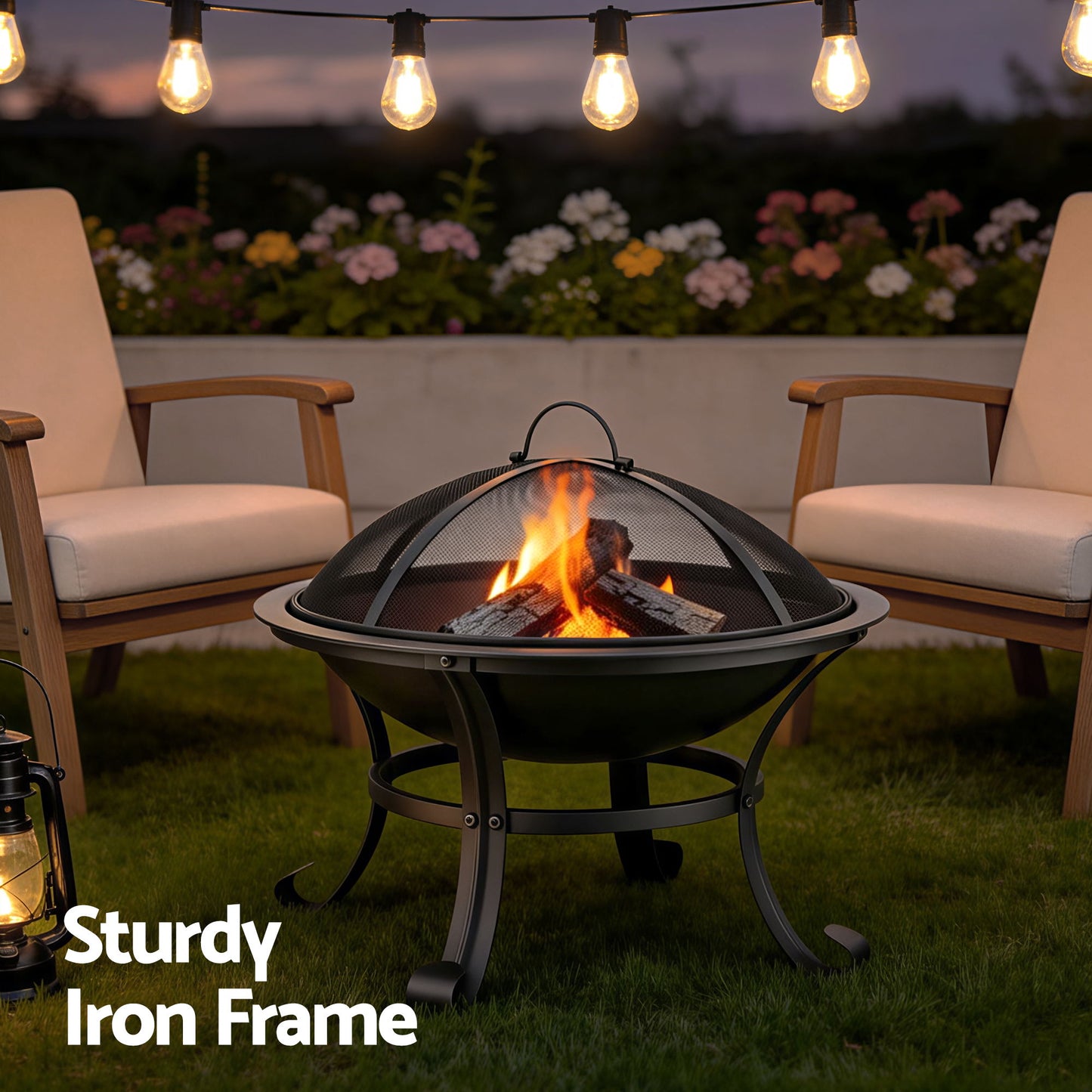 Fire pit with burning wood surrounded by two chairs and string lights in a garden setting.