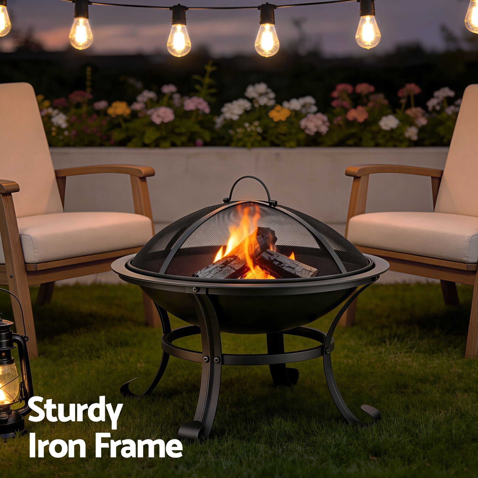 Fire pit with burning wood surrounded by two chairs and string lights in a garden setting.