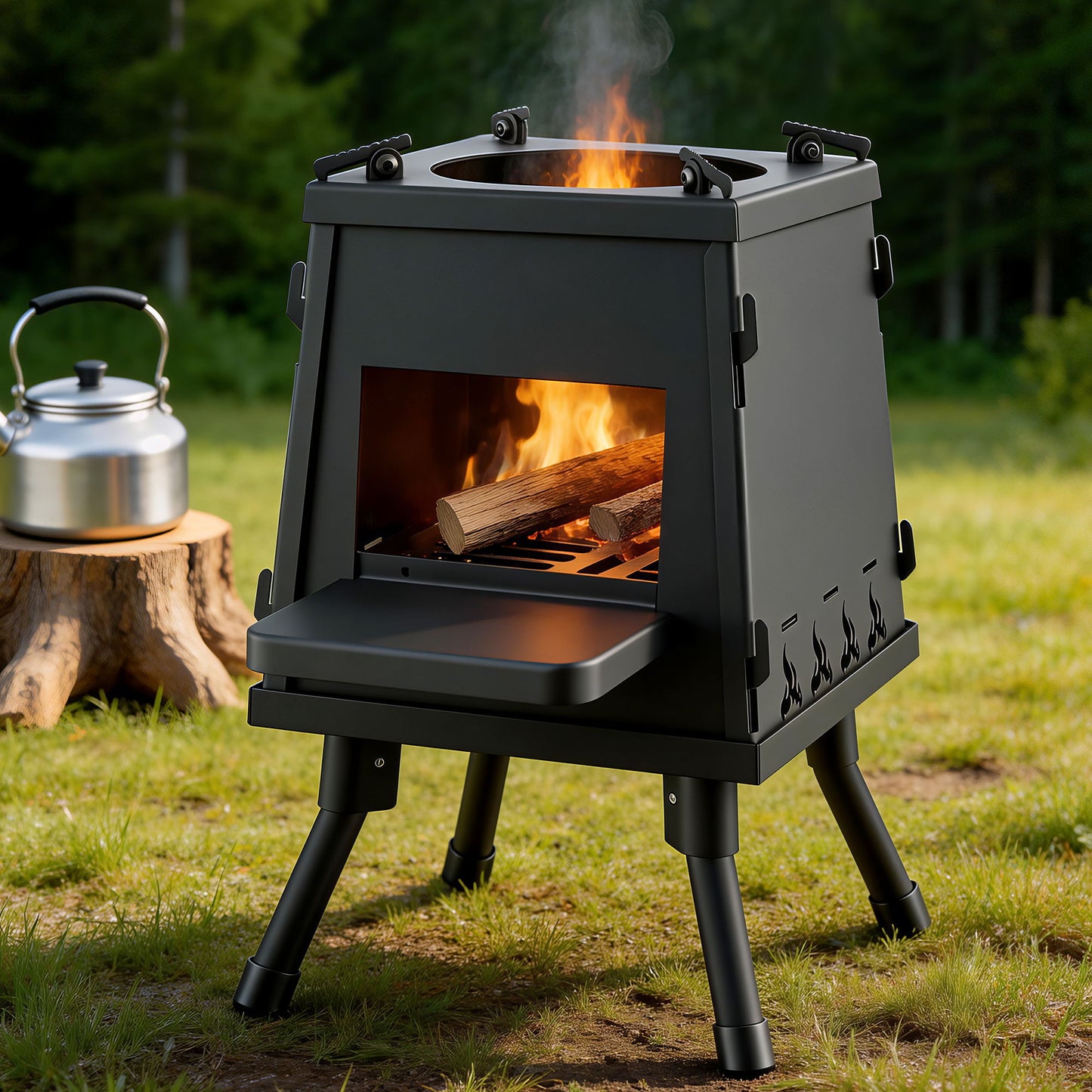 Black outdoor stove with fire burning inside, surrounded by greenery