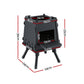 Black portable stove with dimensions marked on a white background