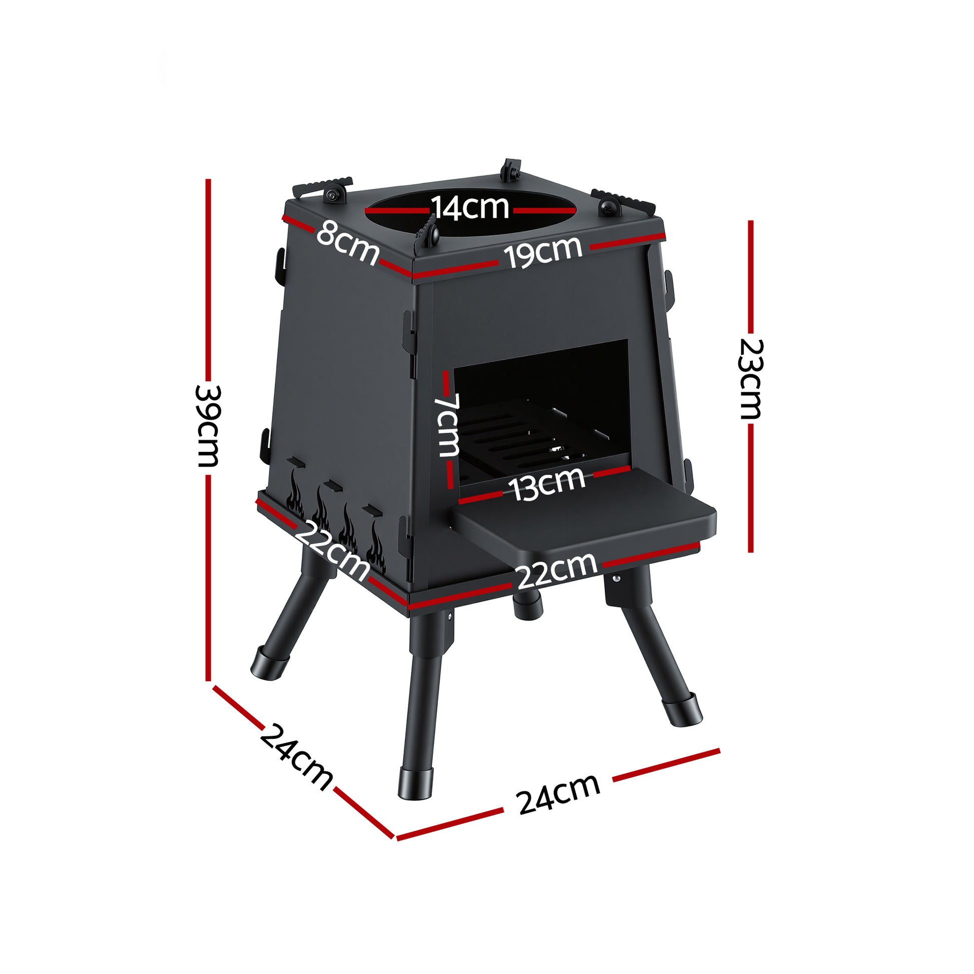 Black portable stove with dimensions marked on a white background
