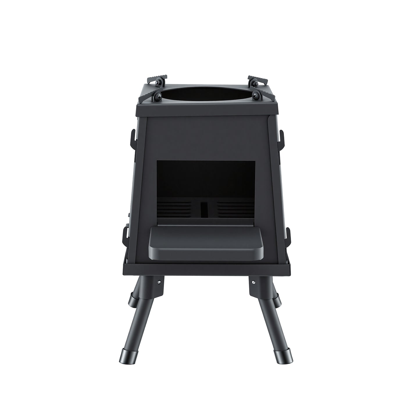 Black metal stove with legs on a white background