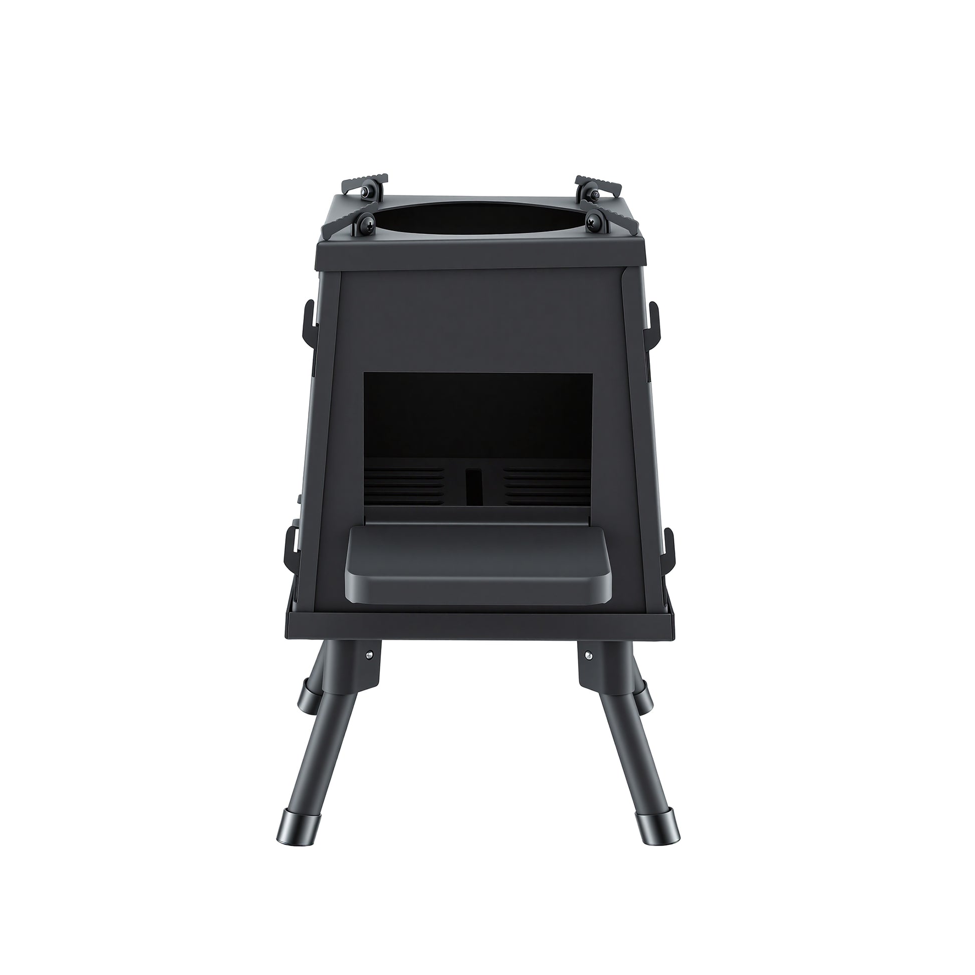 Black metal stove with legs on a white background