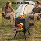 Two people sitting outdoors with a fire pit and BBQ grill, surrounded by camping gear.