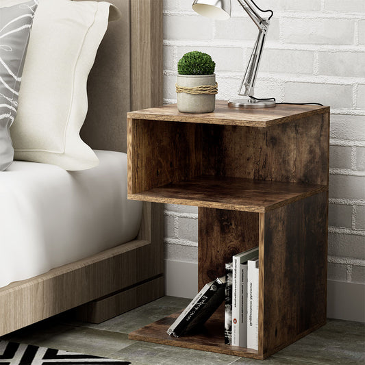 Bedside Table Shelves Side End Table Storage Nightstand Rust Oak