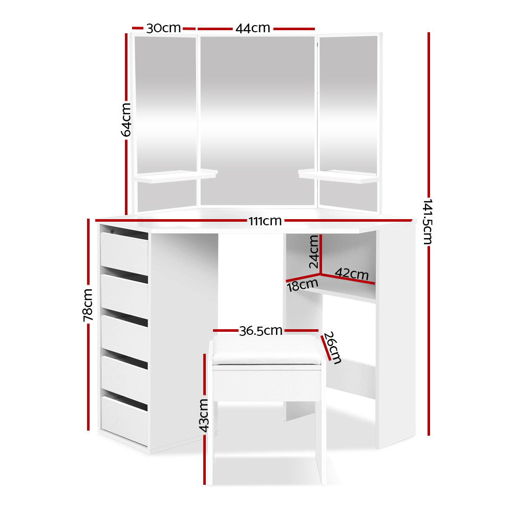 Dressing Table Stool Set Corner 5 Drawers White