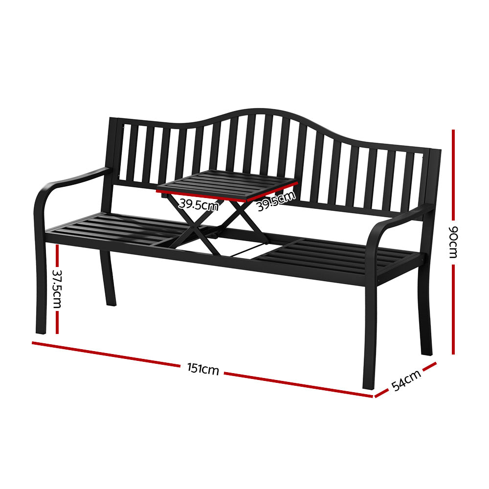 Outdoor Garden Bench Seat with Steel Foldable Table Patio Furniture Black