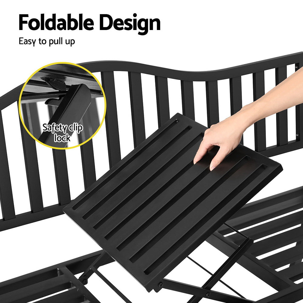 Outdoor Garden Bench Seat with Steel Foldable Table Patio Furniture Black