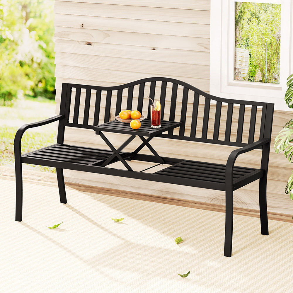 Outdoor Garden Bench Seat with Steel Foldable Table Patio Furniture Black