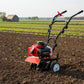 Red and black tiller on a white background