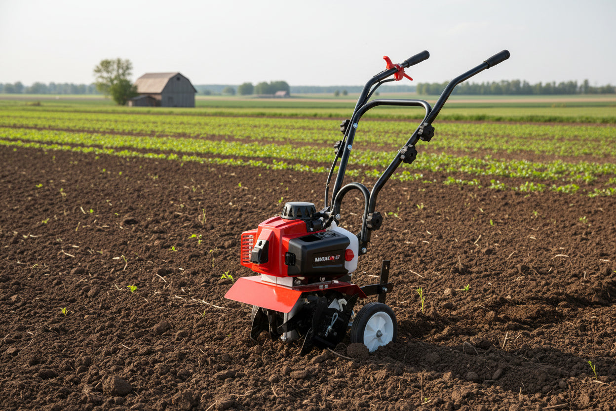 Red and black tiller on a white background